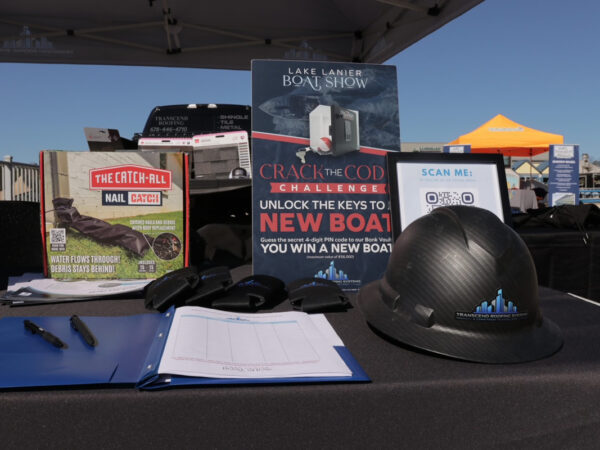 A hard hat from Transcend Roofing Company left on a table. A hard hat from Transcend Roofing Company left on a table.