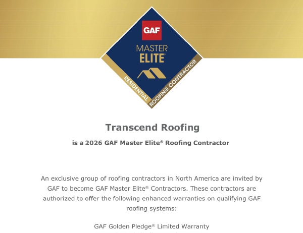 Certificate displaying Transcend Roofing as a 2026 GAF Master Elite Residential Roofing Contractor with warranty information below.