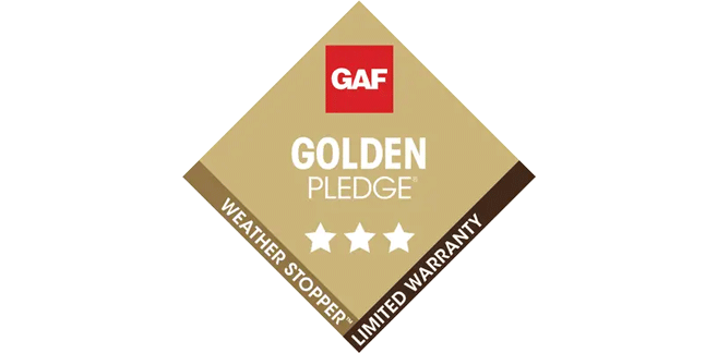A diamond-shaped badge with a red "GAF" logo on top, "GOLDEN PLEDGE" and three stars in the center, and "WEATHER STOPPER", "LIMITED WARRANTY" along the bottom edges.