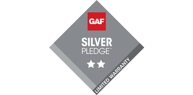 A silver diamond-shaped badge with the GAF logo, text reading "Silver Pledge," two white stars, and "Limited Warranty" on a side stripe.