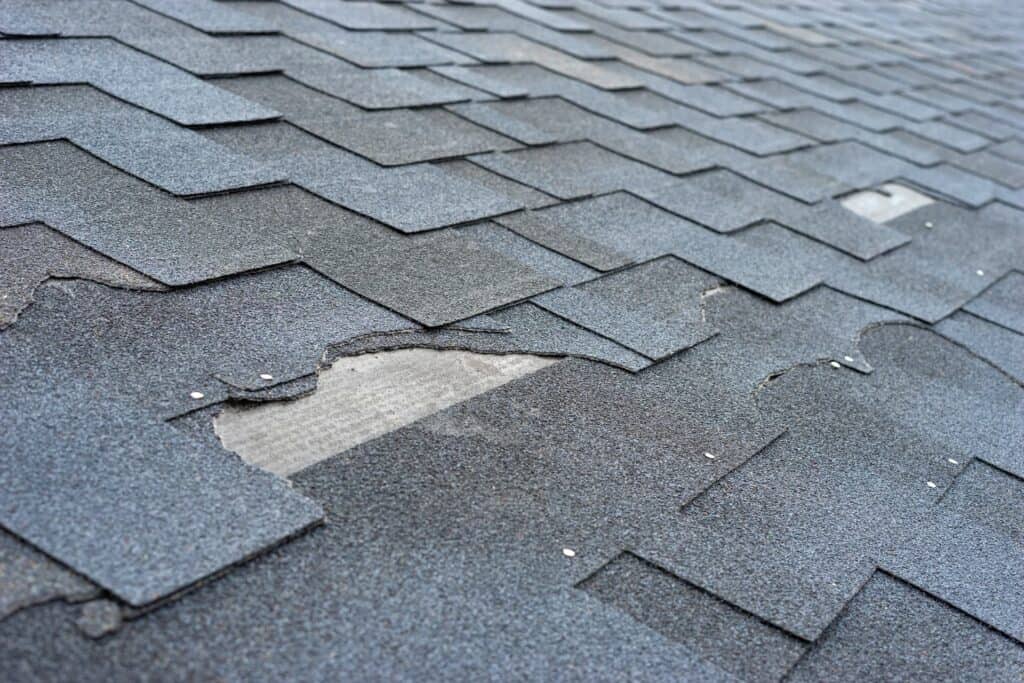 Close-up of hail damage on residential roof shingles in Greater Atlanta showing covered storm damage