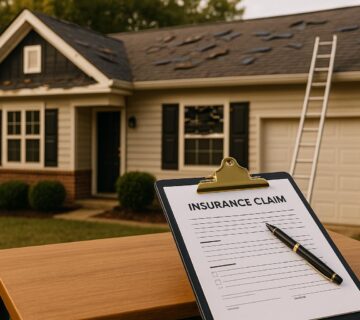 Homeowner reviewing roof insurance claim documents storm damage residential Atlanta Georgia 360x320