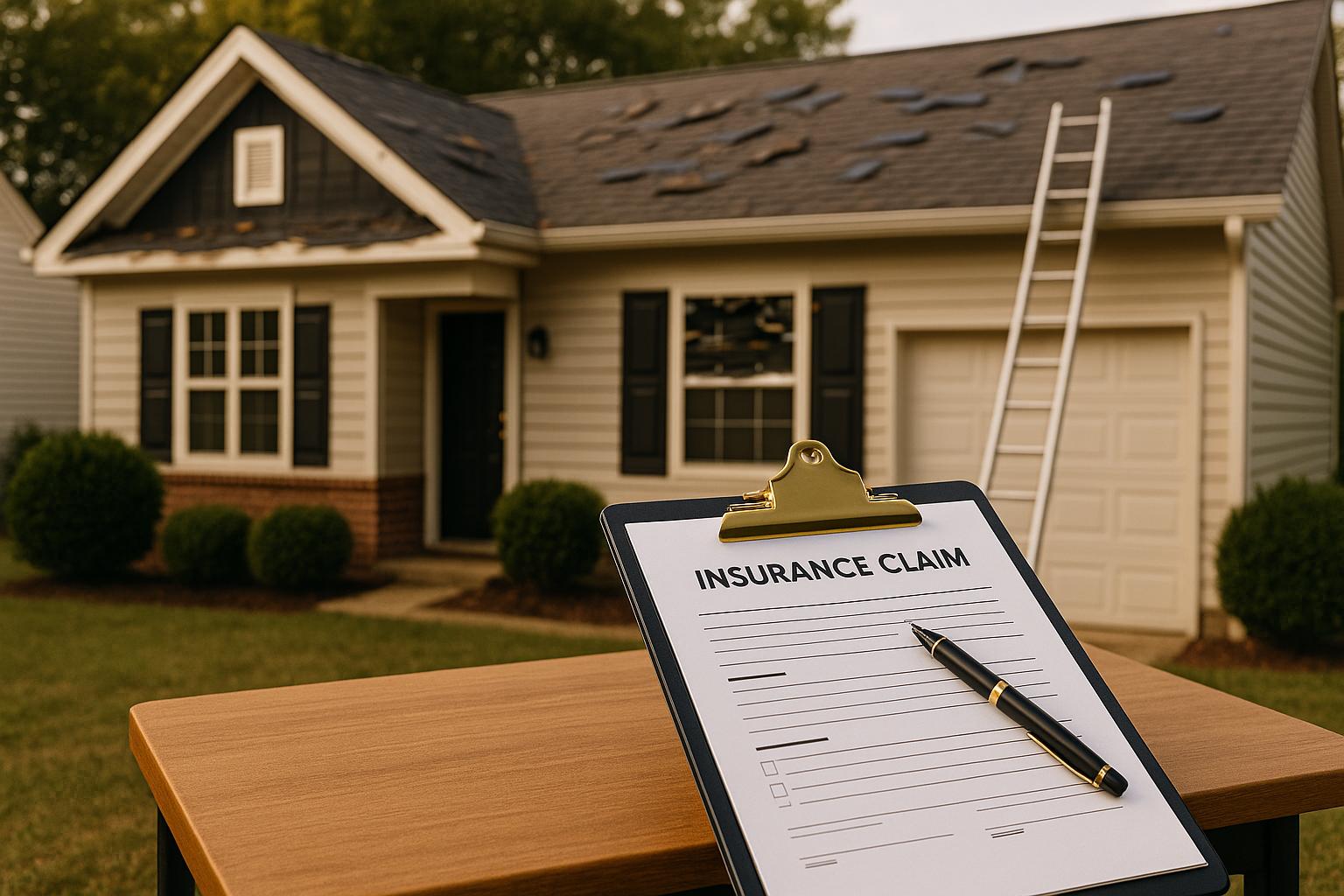 Homeowner reviewing roof insurance claim documents storm damage residential Atlanta Georgia
