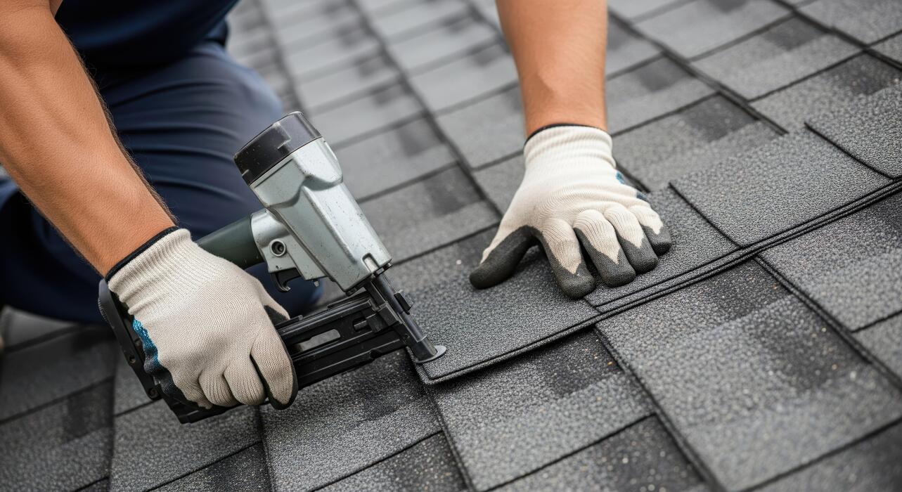 new dark asphalt shingle roof installation on wooden roof framing